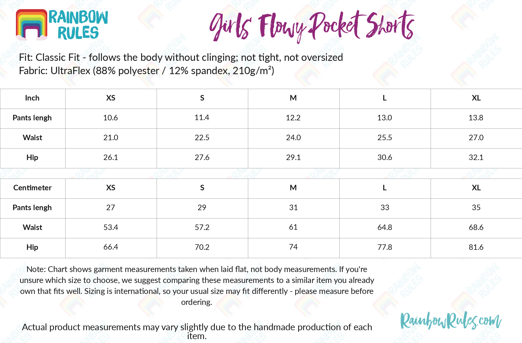Girls’ Flowy Pocket Shorts size chart
