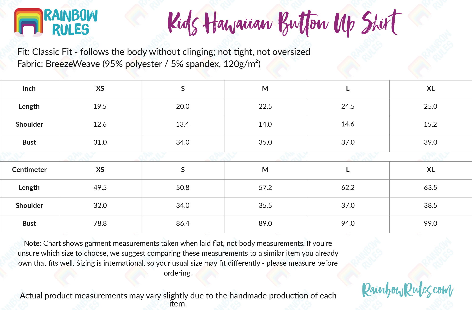Kids Hawaiian Button Up Shirt size chart