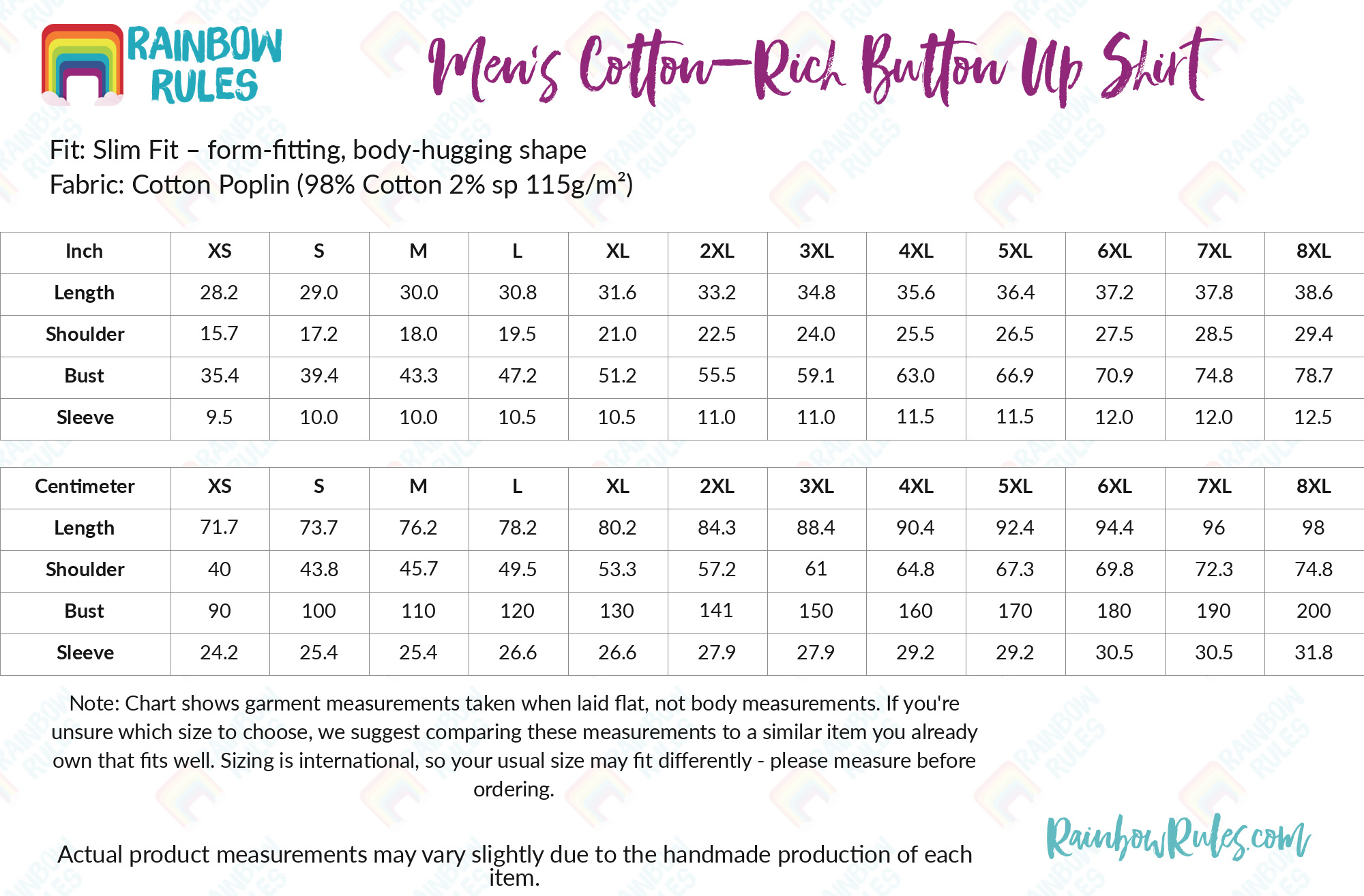 Men’s Cotton-Rich Button Up Shirt size chart