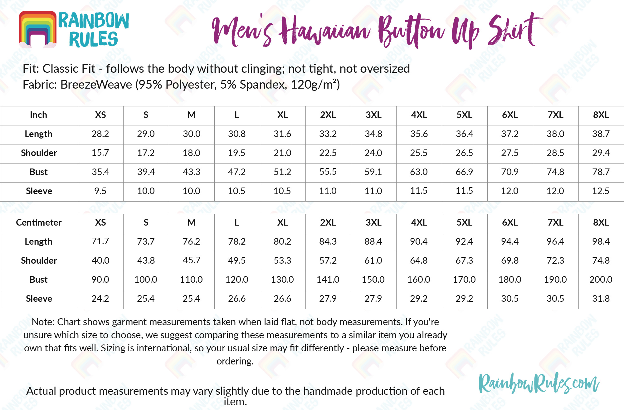Men's Hawaiian Button Up Shirt size chart