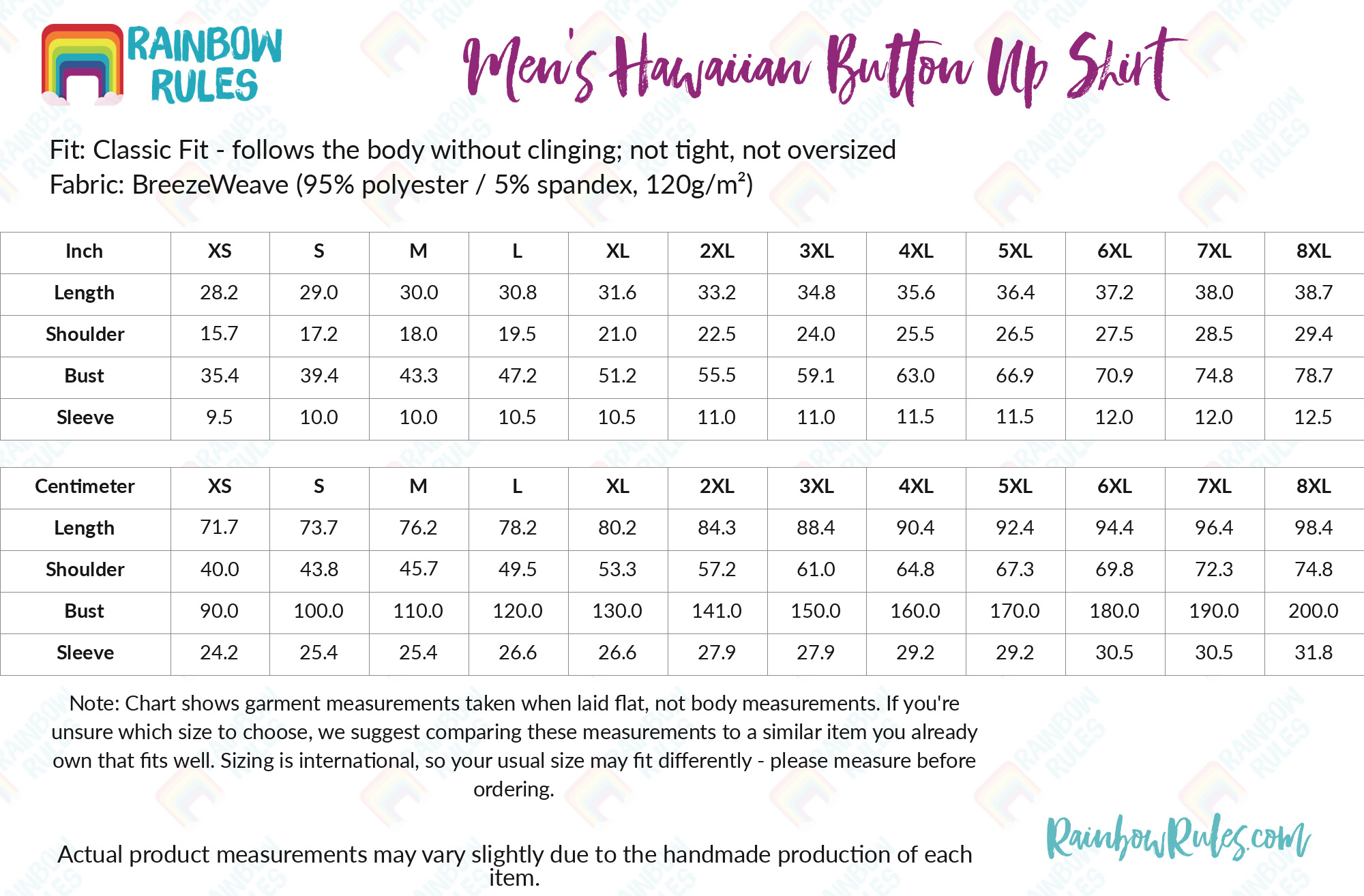 Men's Hawaiian Button Up Shirt size chart