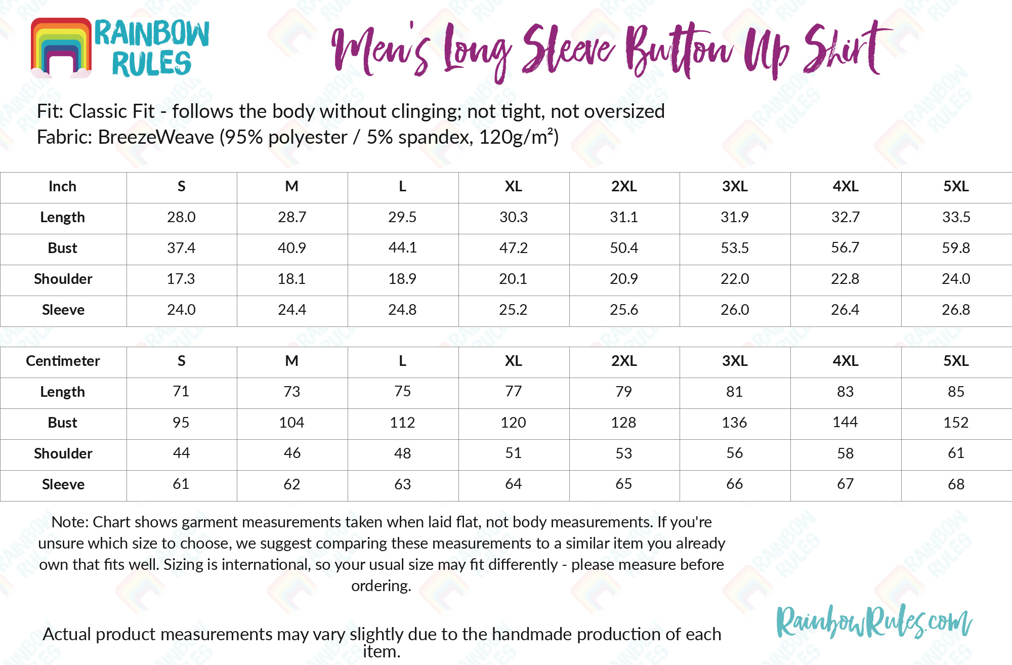 Men's Long Sleeve Button Up Shirt size chart