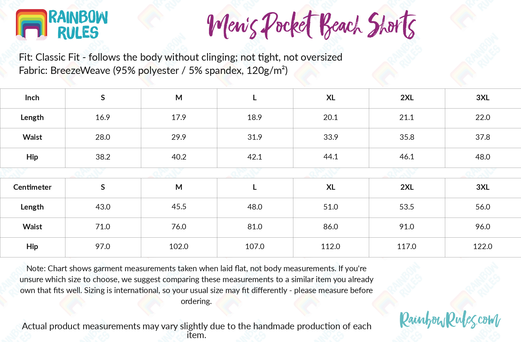 Men’s Pocket Beach Shorts size chart