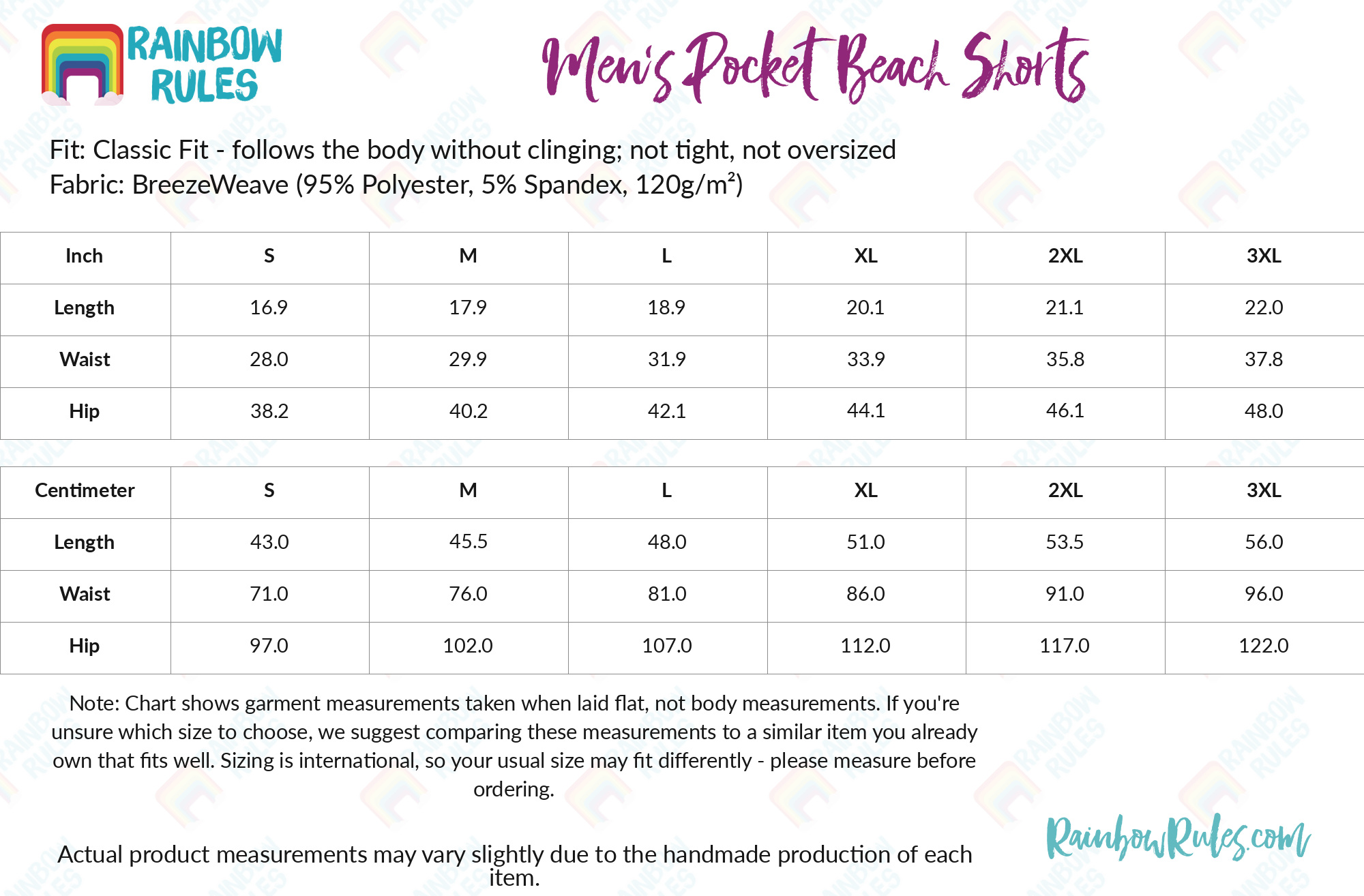 Men’s Pocket Beach Shorts size chart