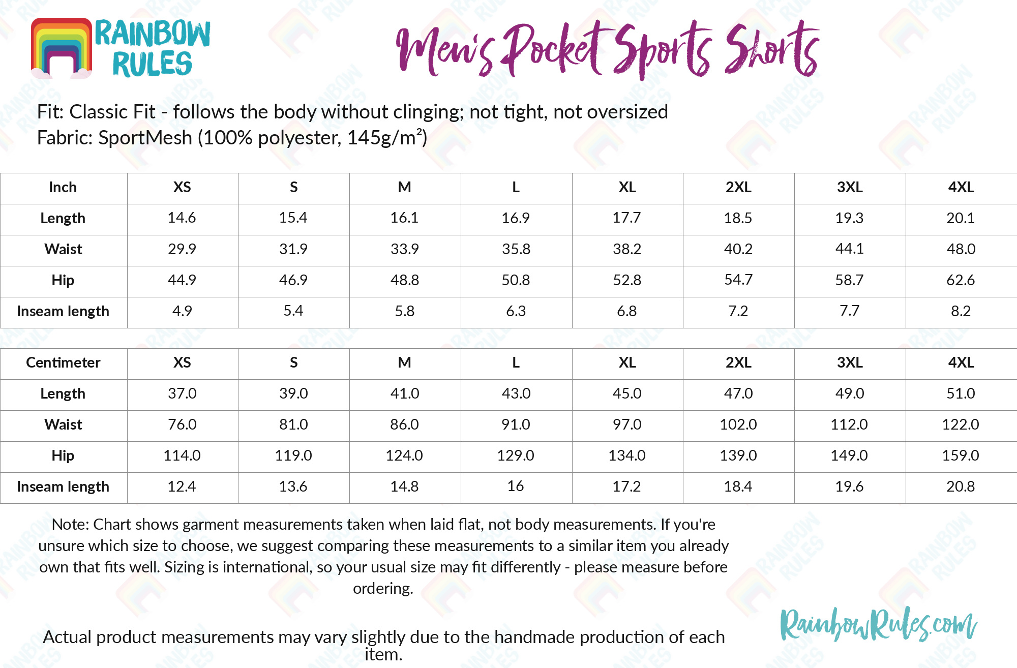 Men’s Pocket Sports Shorts size chart