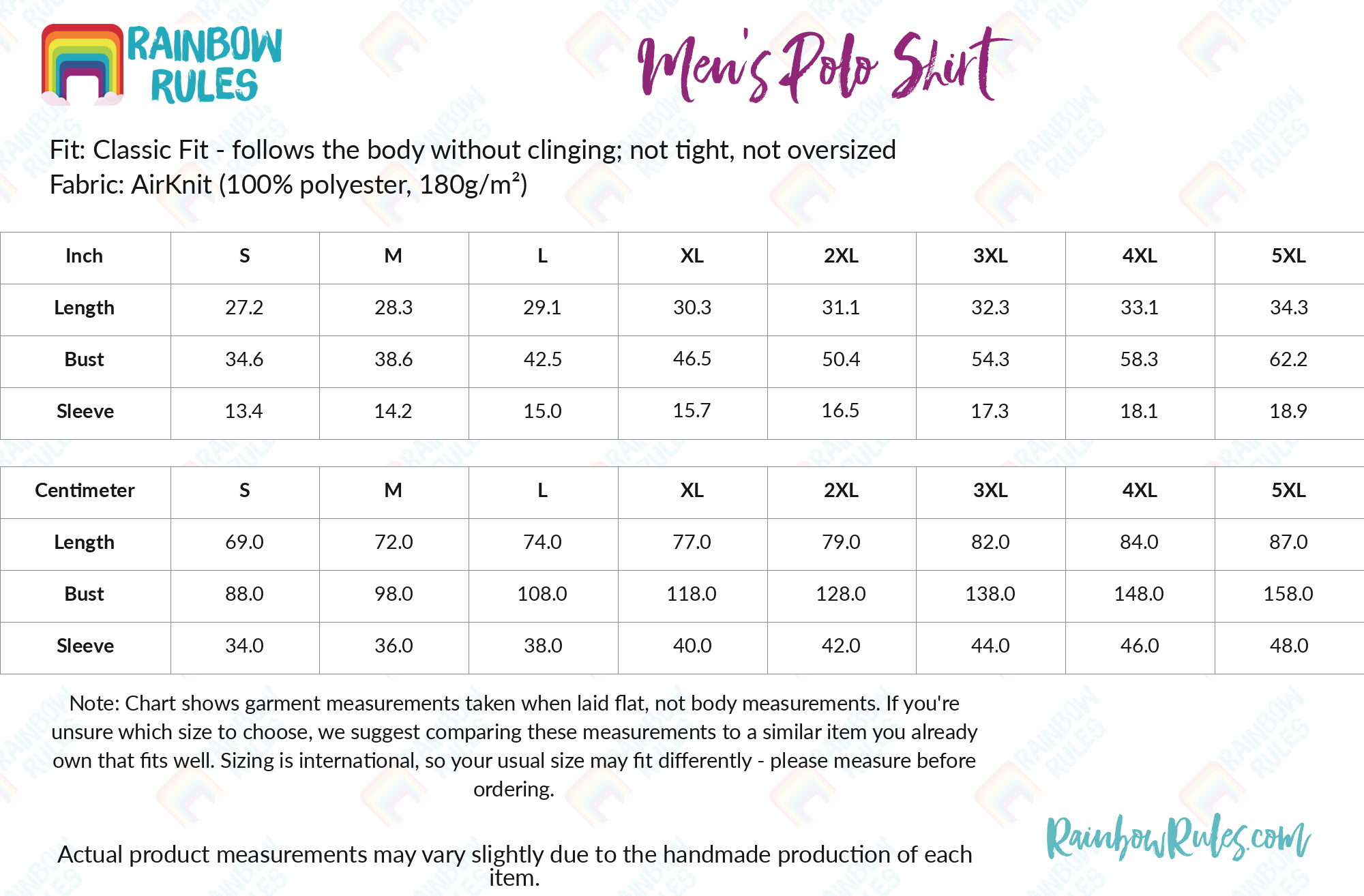 Men's Polo Shirt size chart