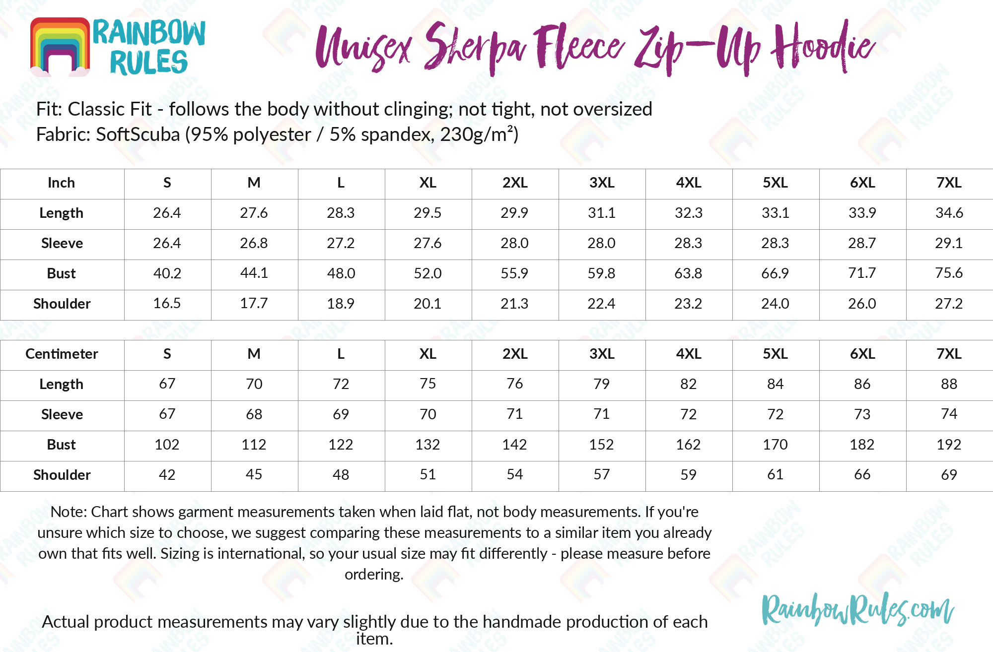 Unisex Sherpa Fleece Zip-Up Hoodie size chart