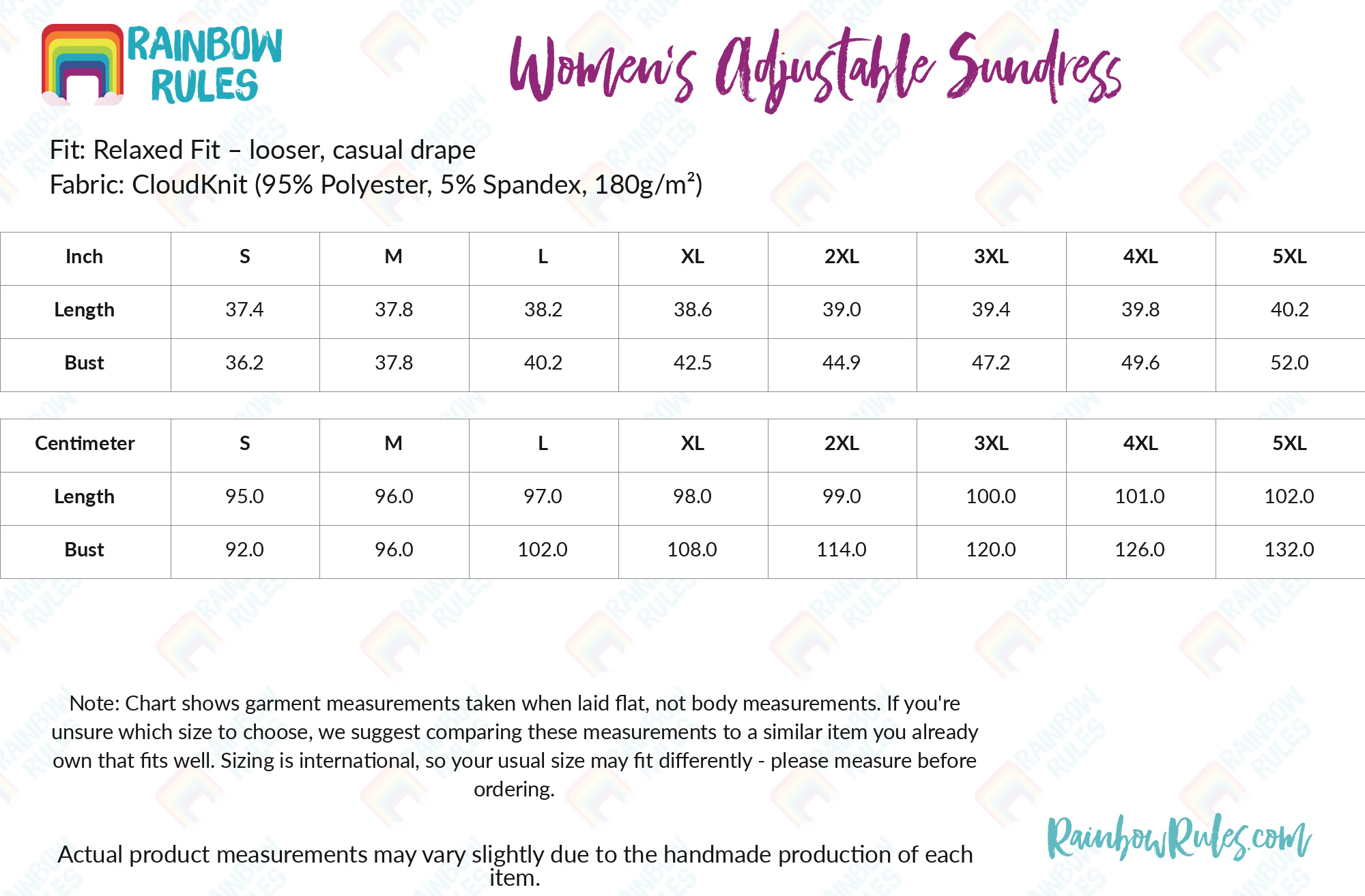 Women’s Adjustable Sundress size chart