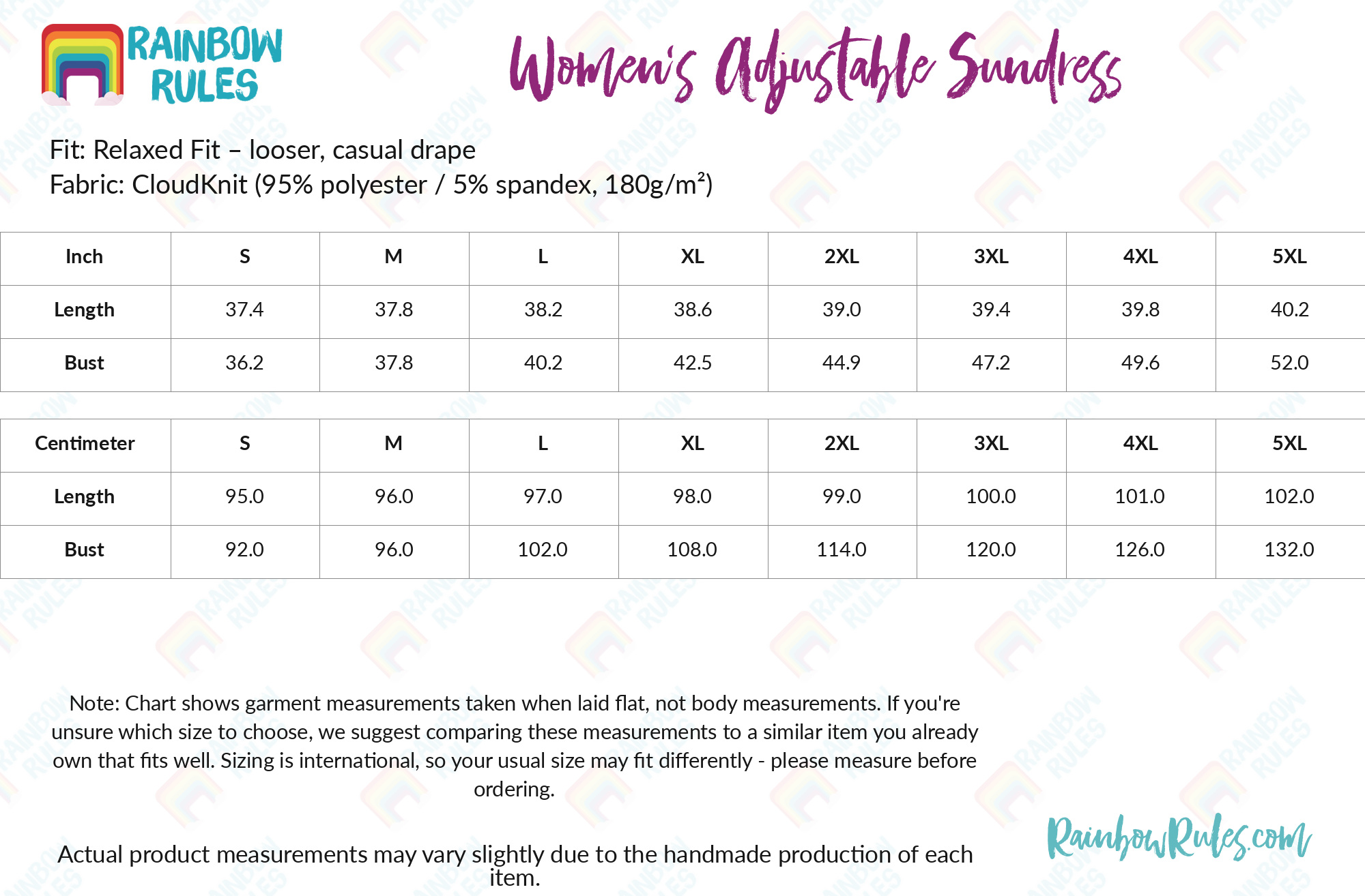 Women’s Adjustable Sundress size chart