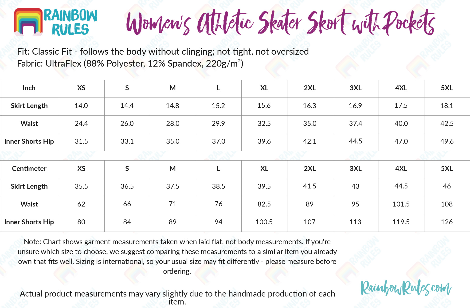 Women’s Athletic Skater Skort with Pockets size chart