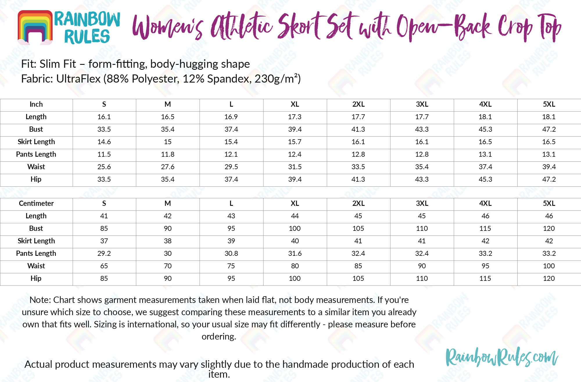 Women’s Athletic Skort Set with Open-Back Crop Top size chart