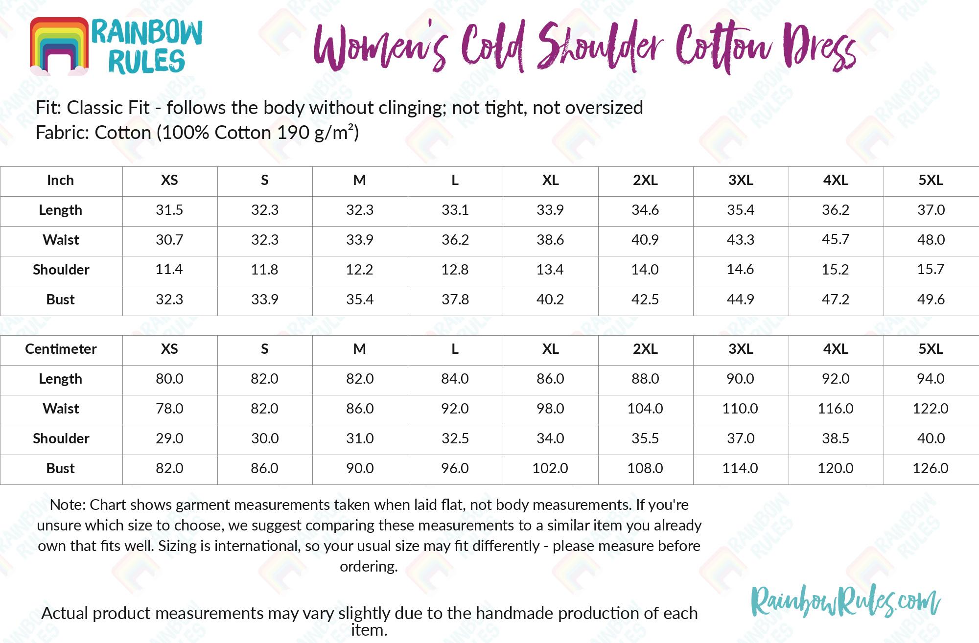 Women's Cold Shoulder Cotton Dress size chart