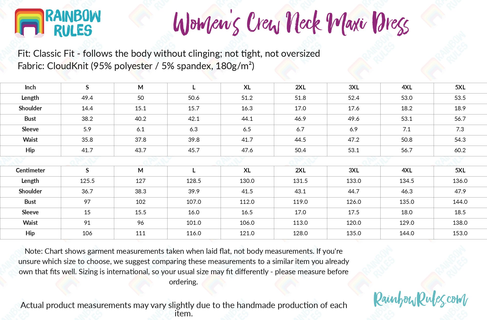 Women's Crew Neck Maxi Dress size chart
