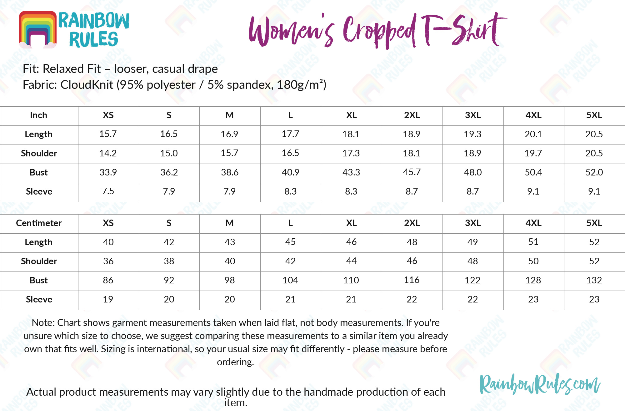 Women's Cropped T-Shirt size chart