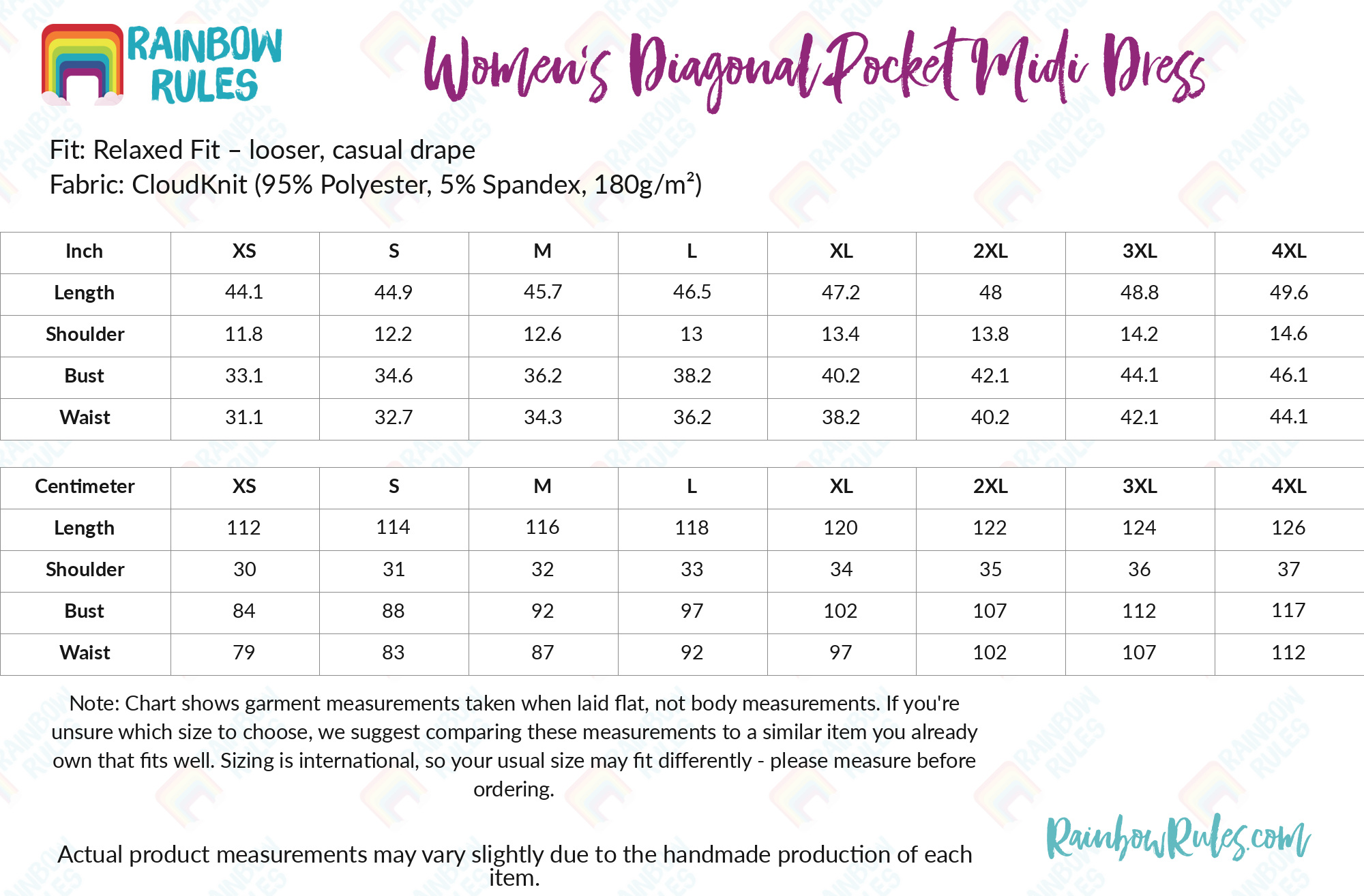 Women’s Diagonal Pocket Midi Dress size chart