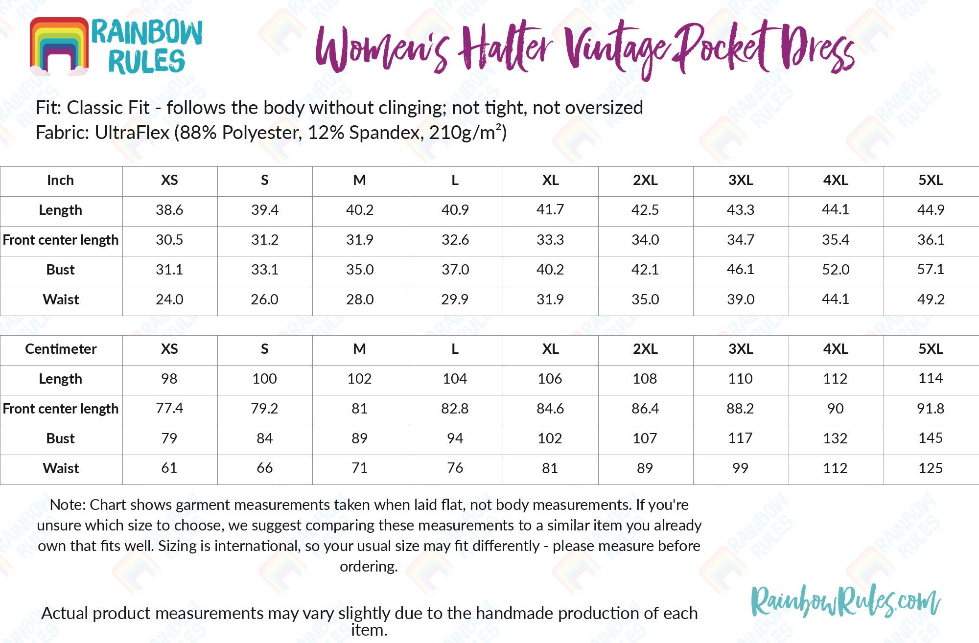 Women’s Halter Vintage Pocket Dress size chart