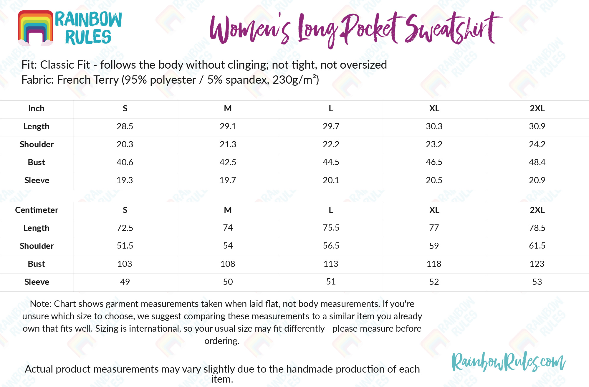 Women's Long Pocket Sweatshirt size chart