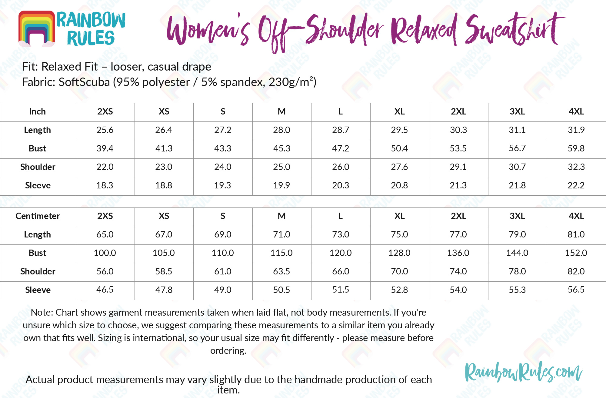 Women's Off-Shoulder Relaxed Sweatshirt size chart