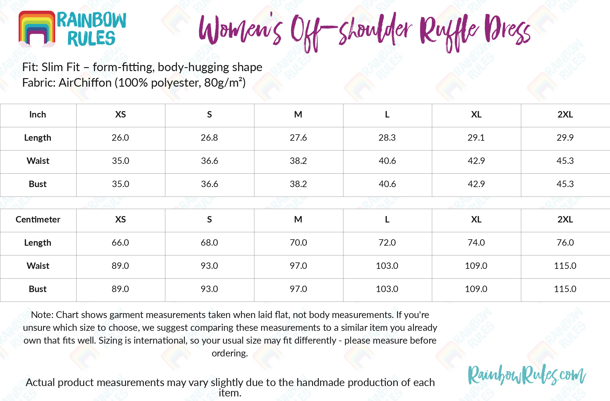 Women's Off-shoulder Ruffle Dress size chart