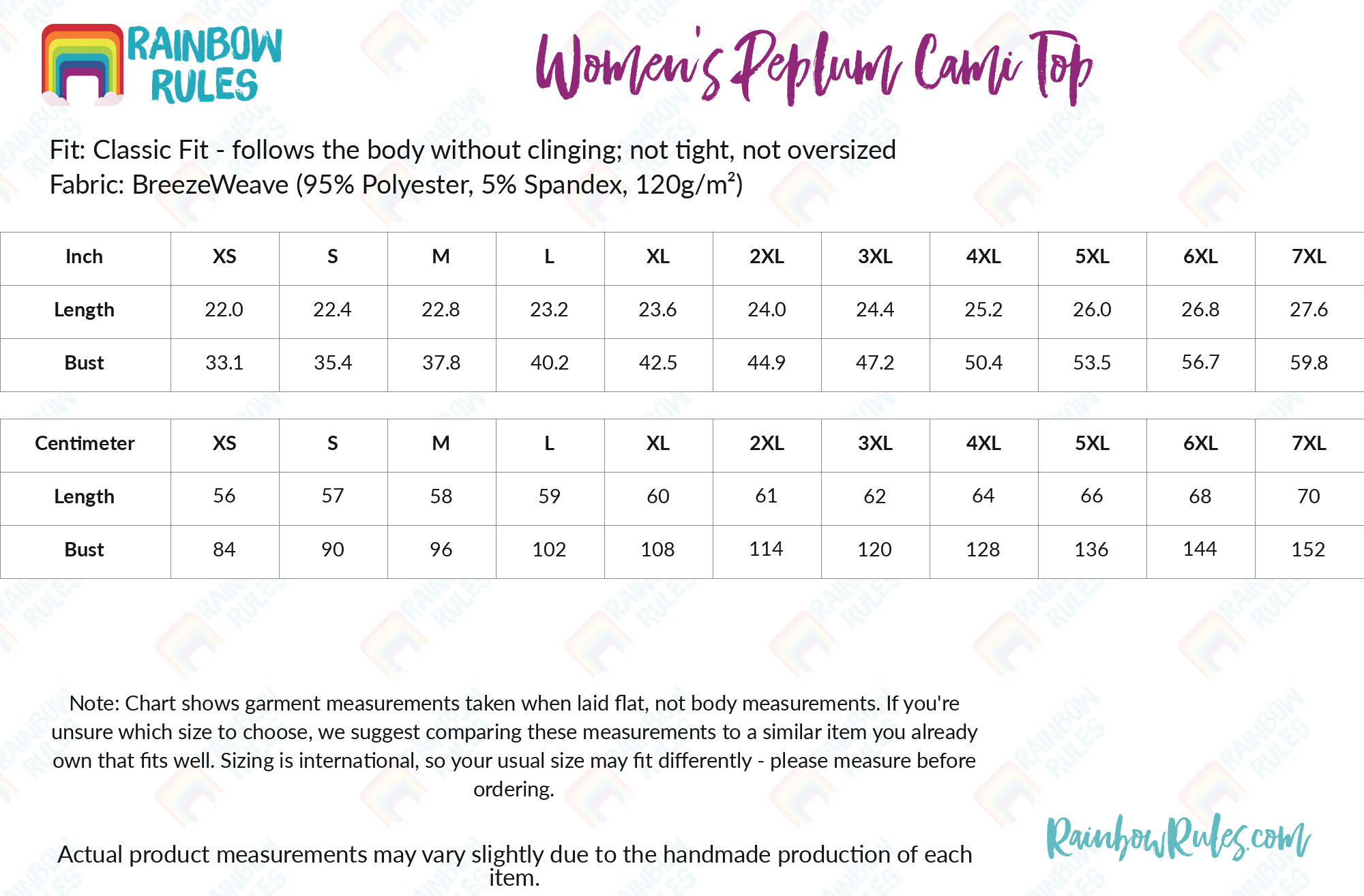 Women's Peplum Cami Top size chart