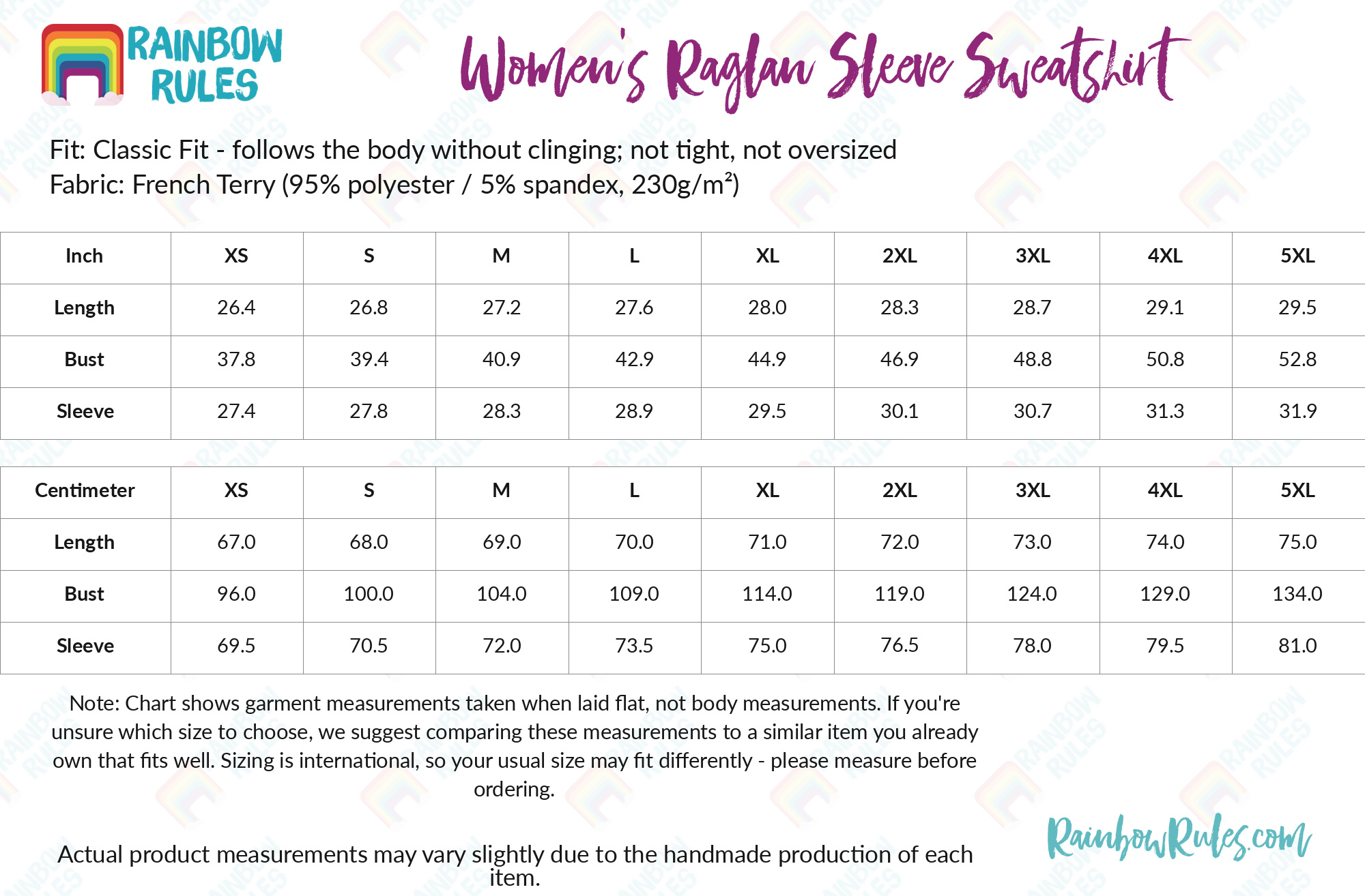 Women's Raglan Sleeve Sweatshirt size chart