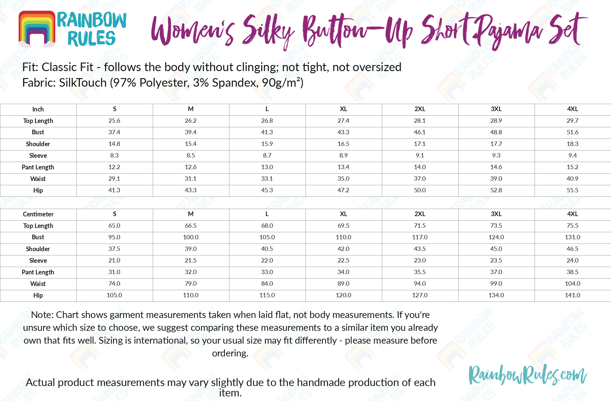Women’s Silky Button-Up Short Pajama Set size chart