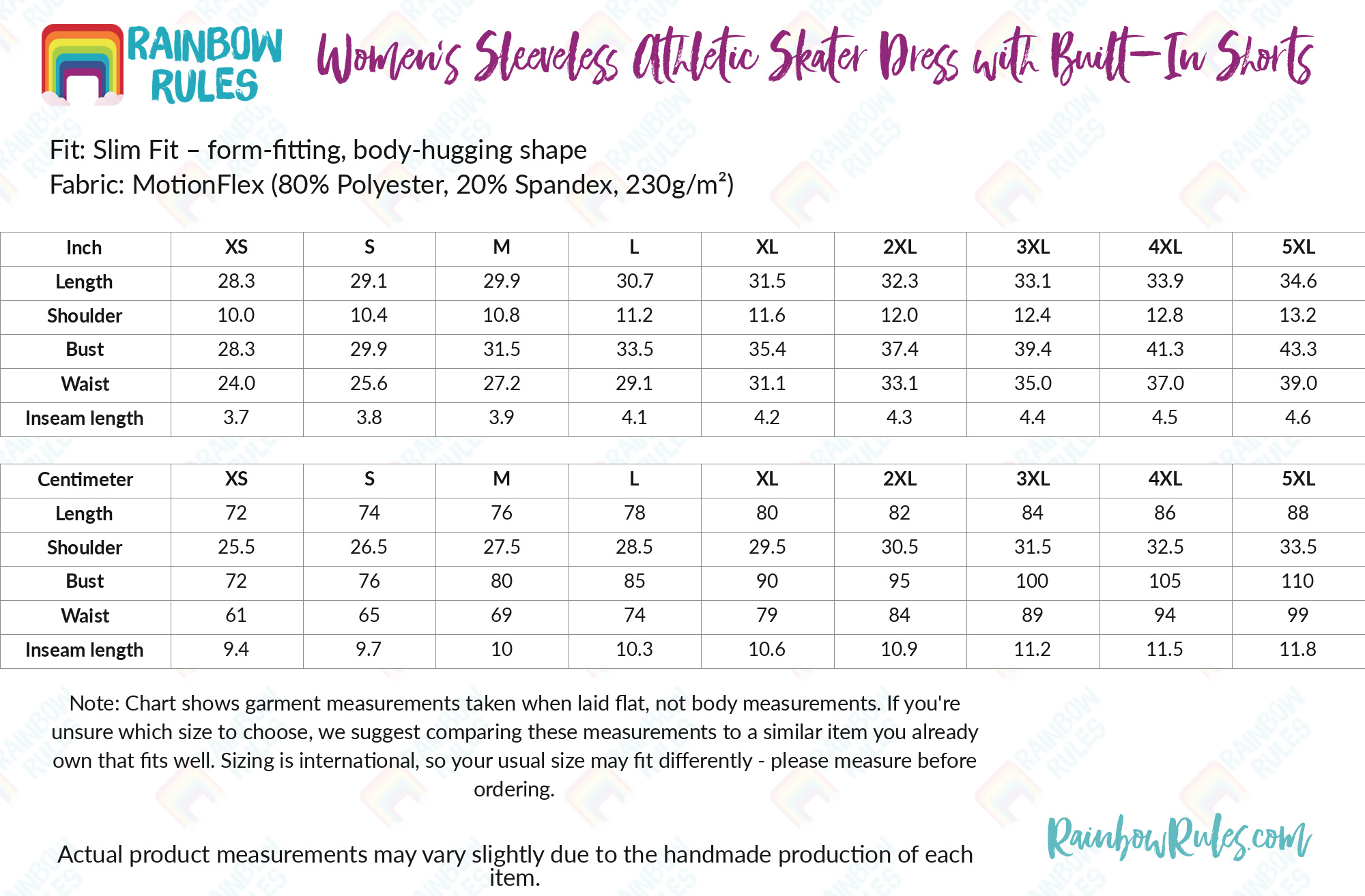 Women’s Sleeveless Athletic Skater Dress with Built-In Shorts size chart