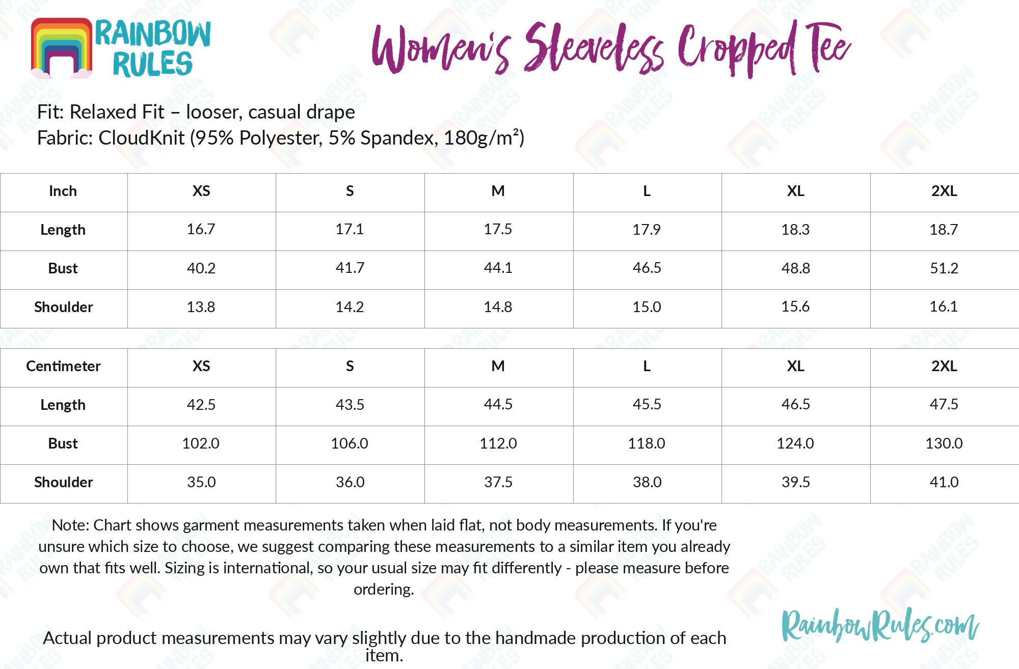 Women’s Sleeveless Cropped Tee size chart