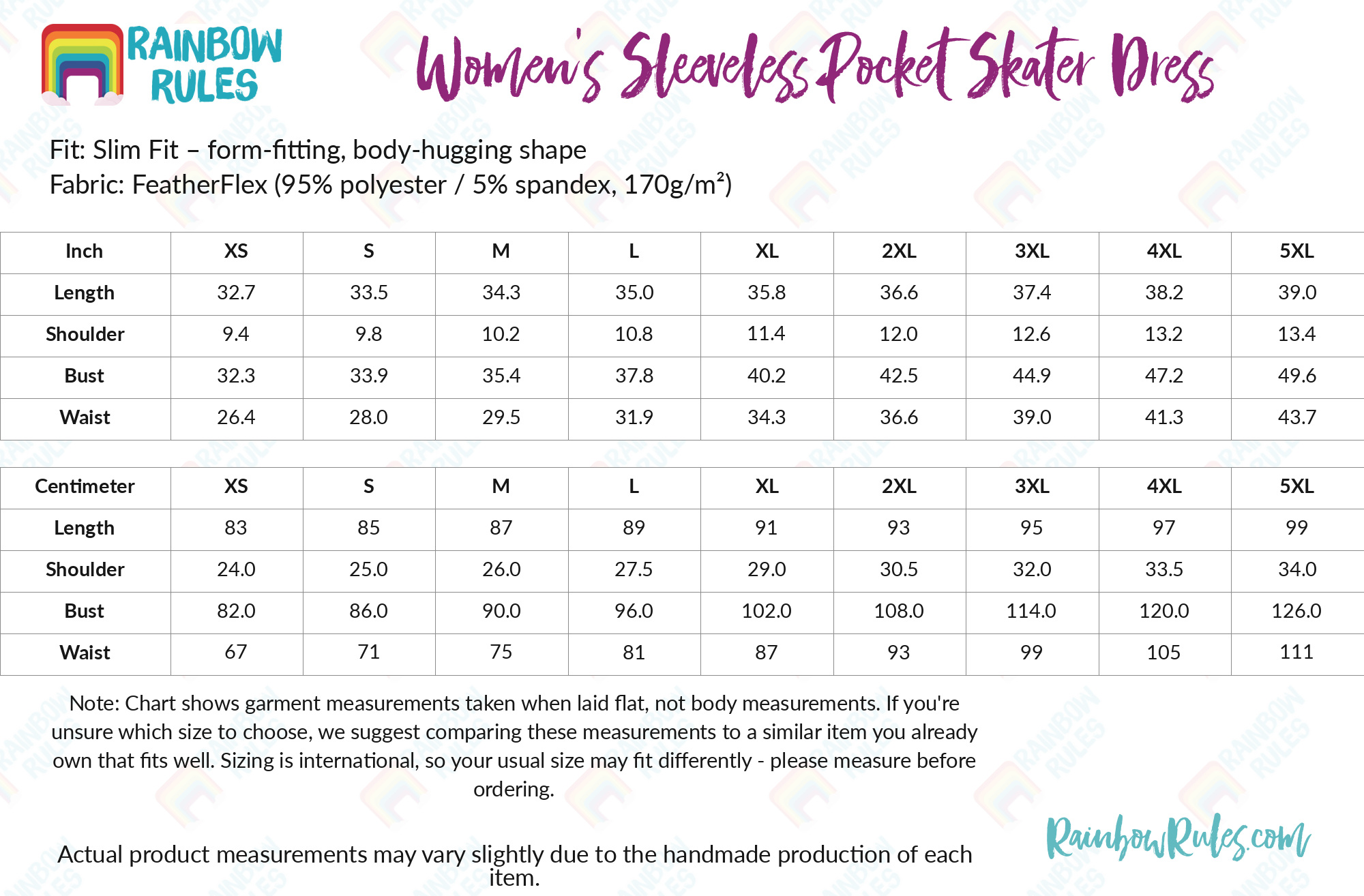 Women's Sleeveless Pocket Skater Dress size chart