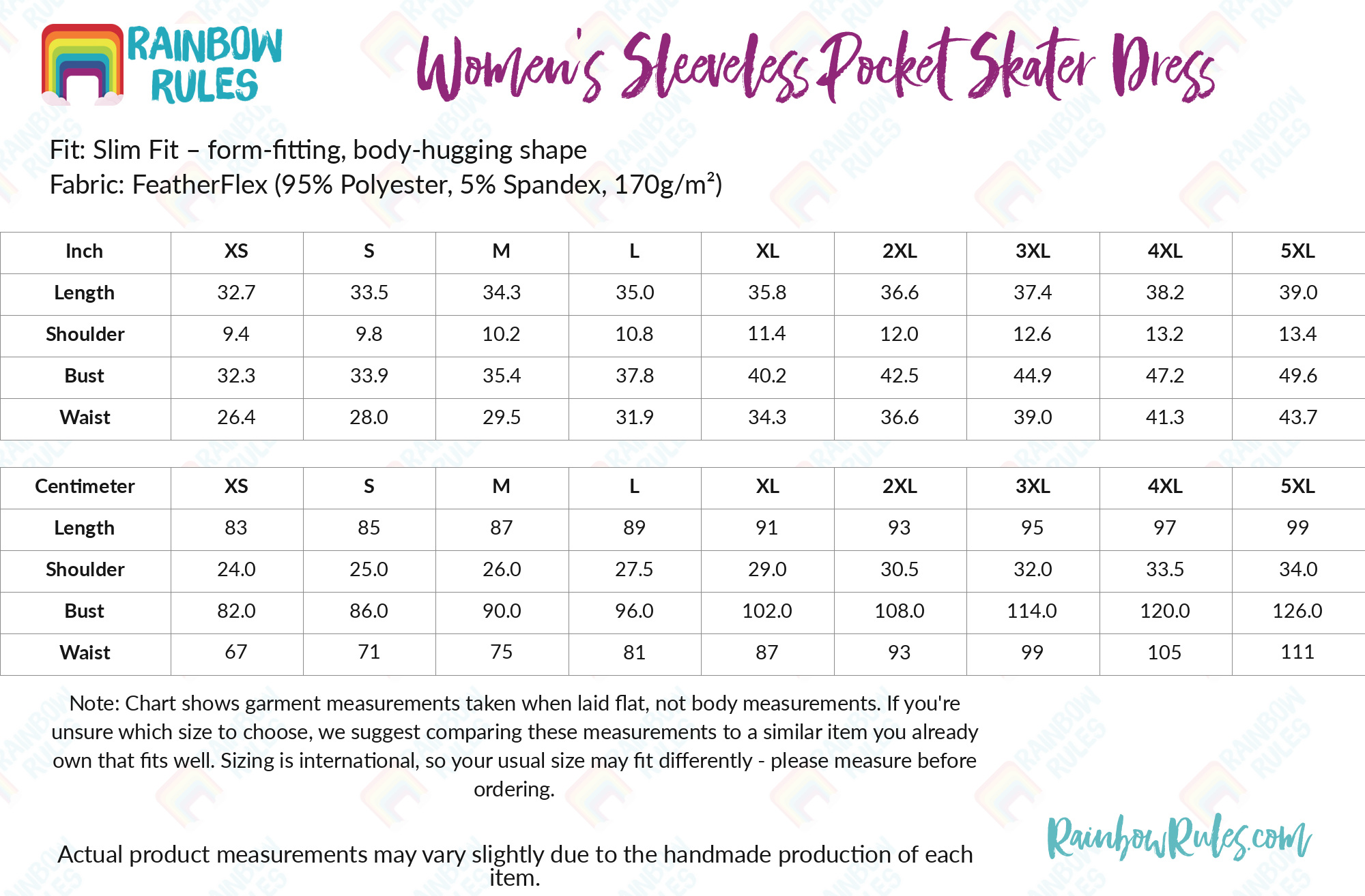 Women's Sleeveless Pocket Skater Dress size chart