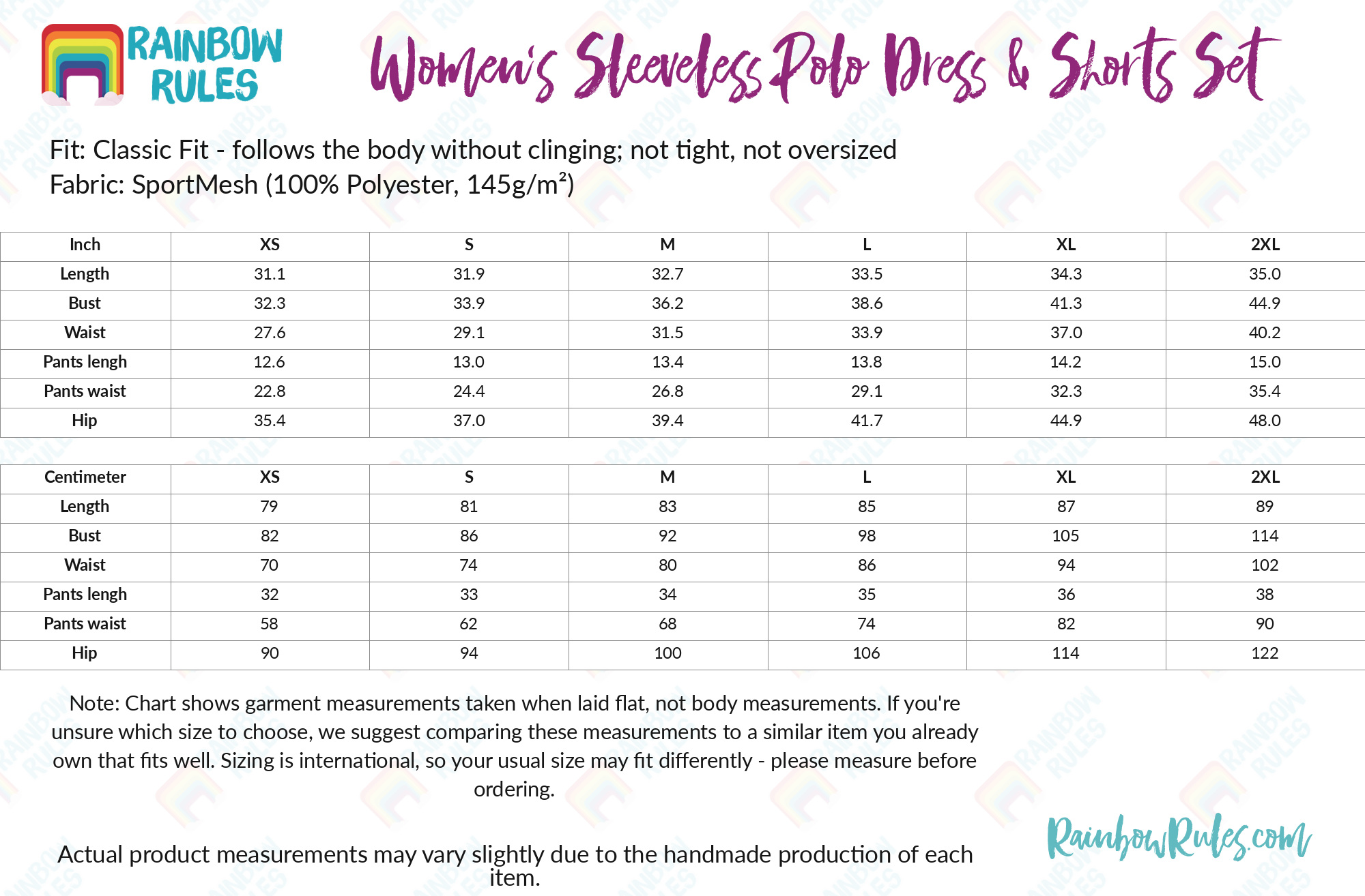 Women’s Sleeveless Polo Dress & Shorts Set size chart
