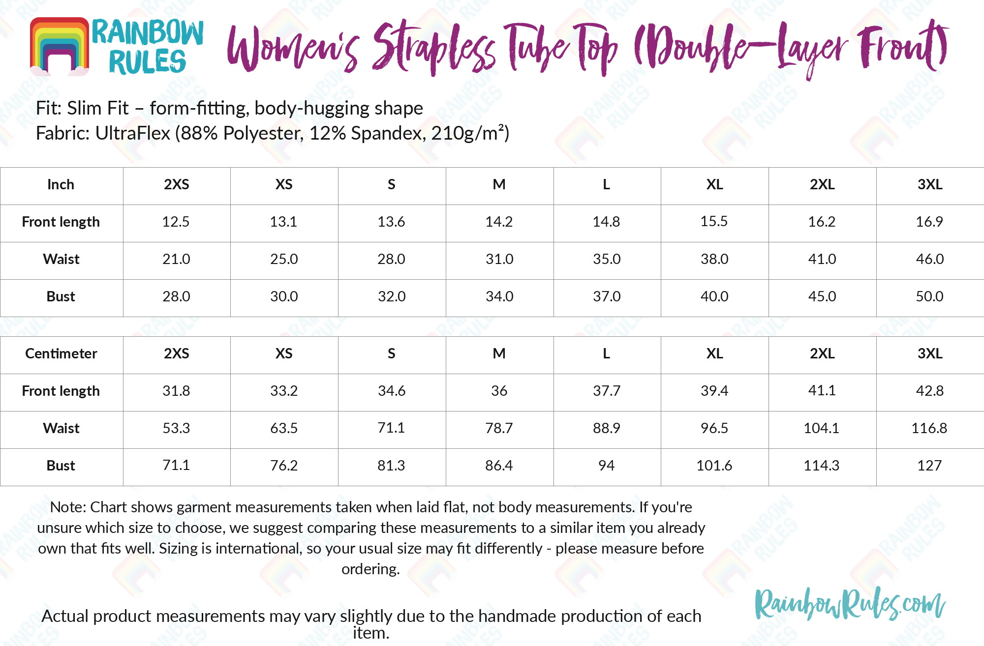 Women’s Strapless Tube Top (Double-Layer Front) size chart