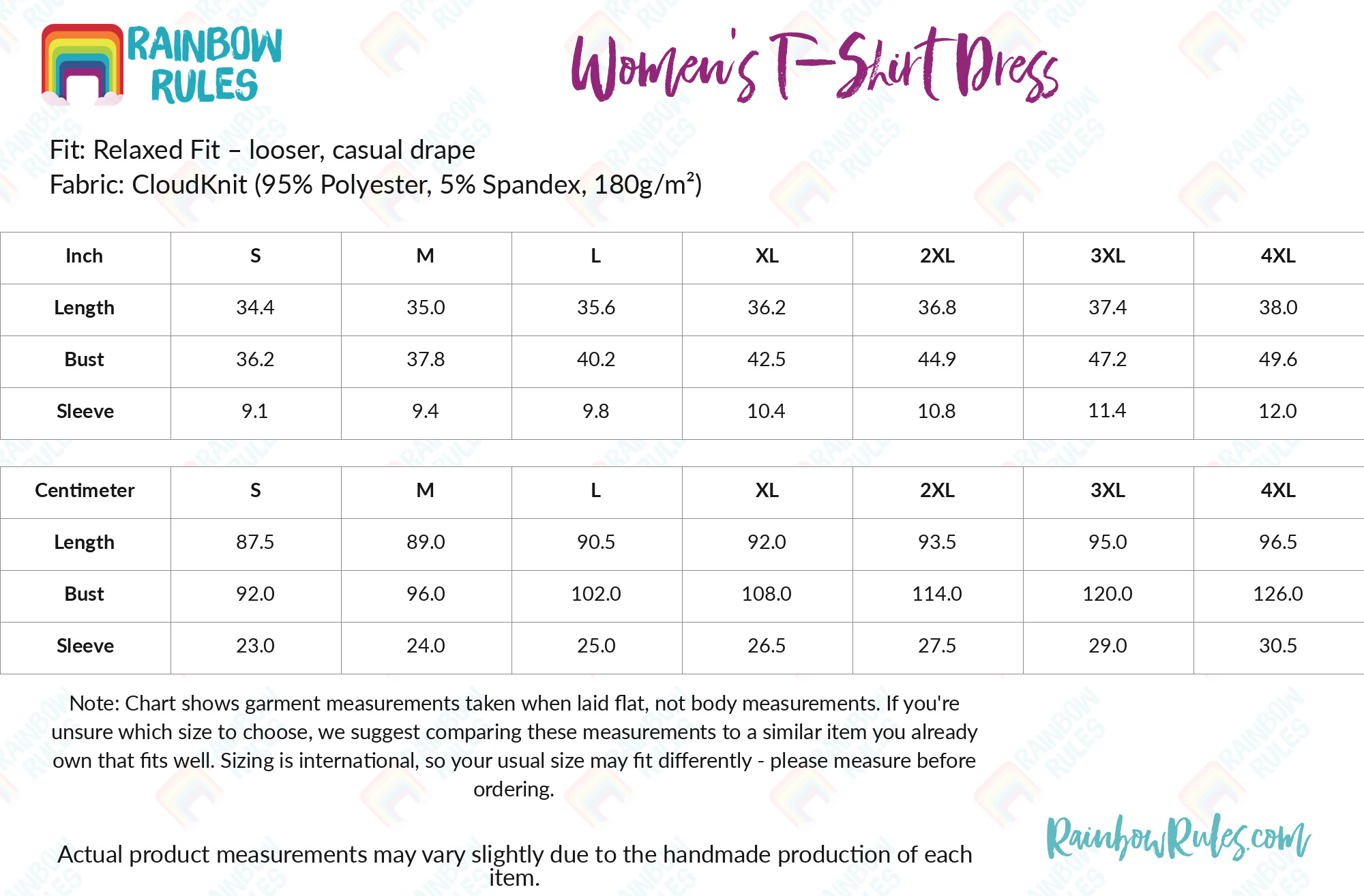 Women's T-Shirt Dress size chart