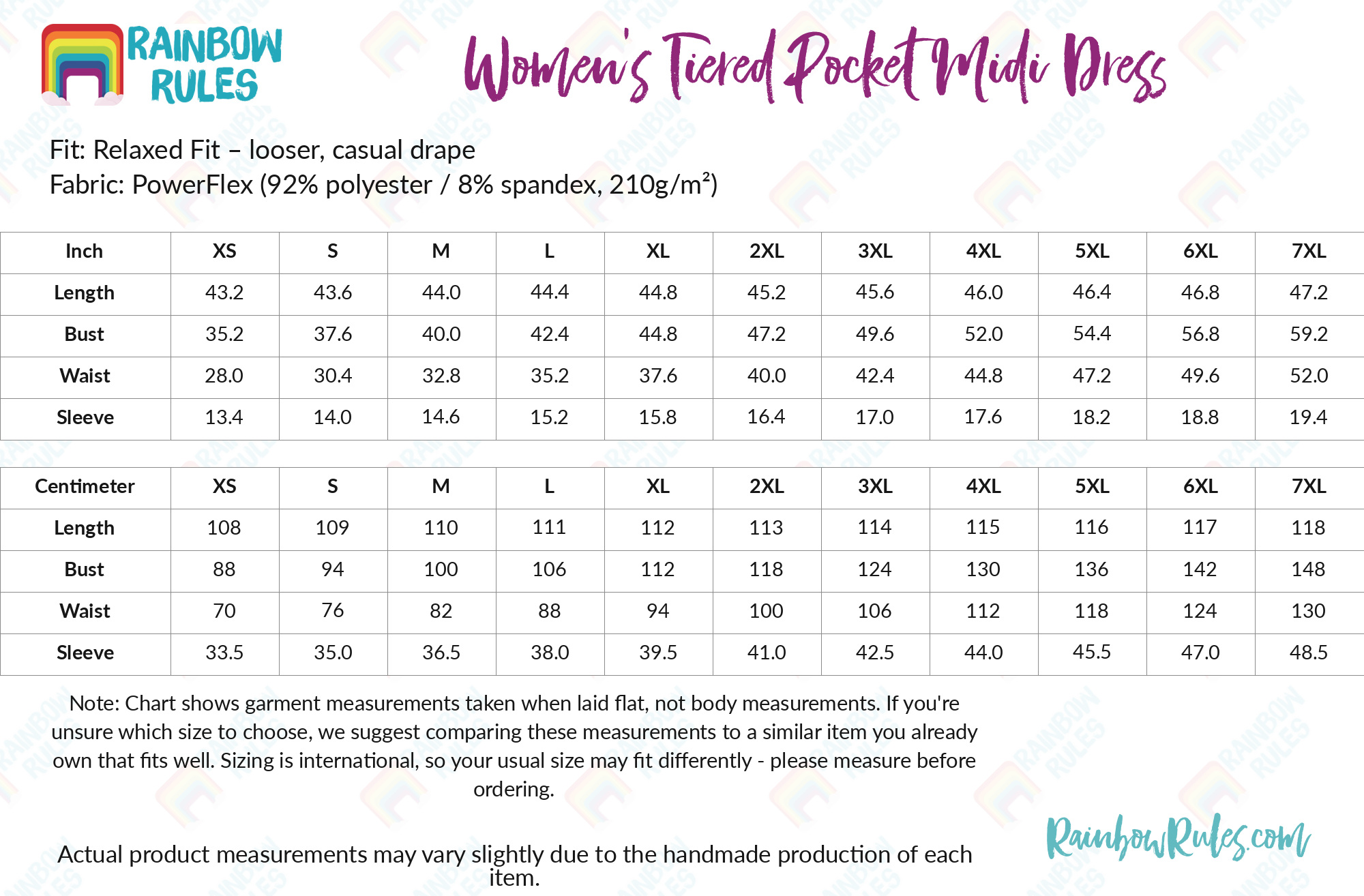 Women's Tiered Pocket Midi Dress size chart