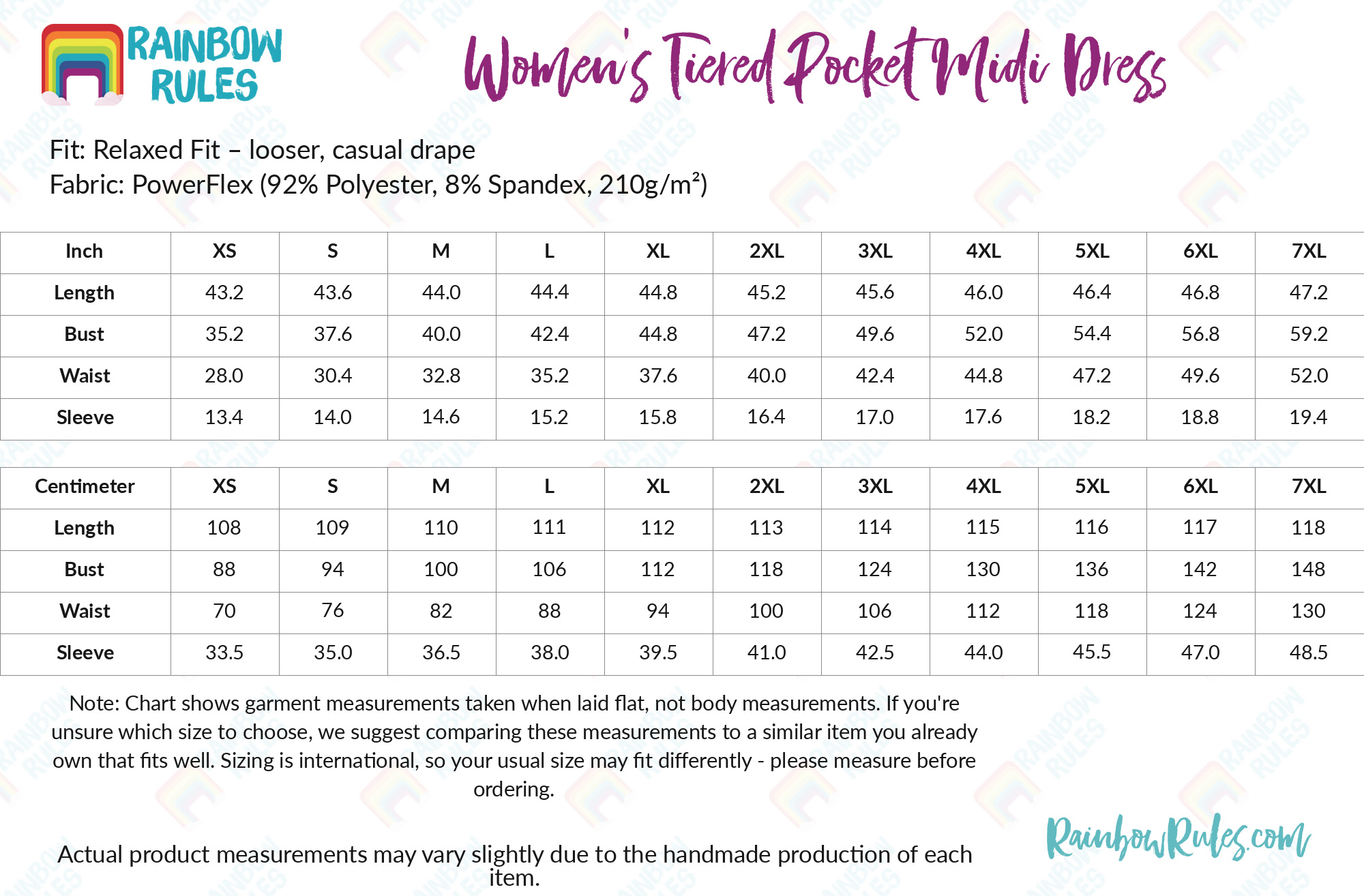 Women's Tiered Pocket Midi Dress size chart