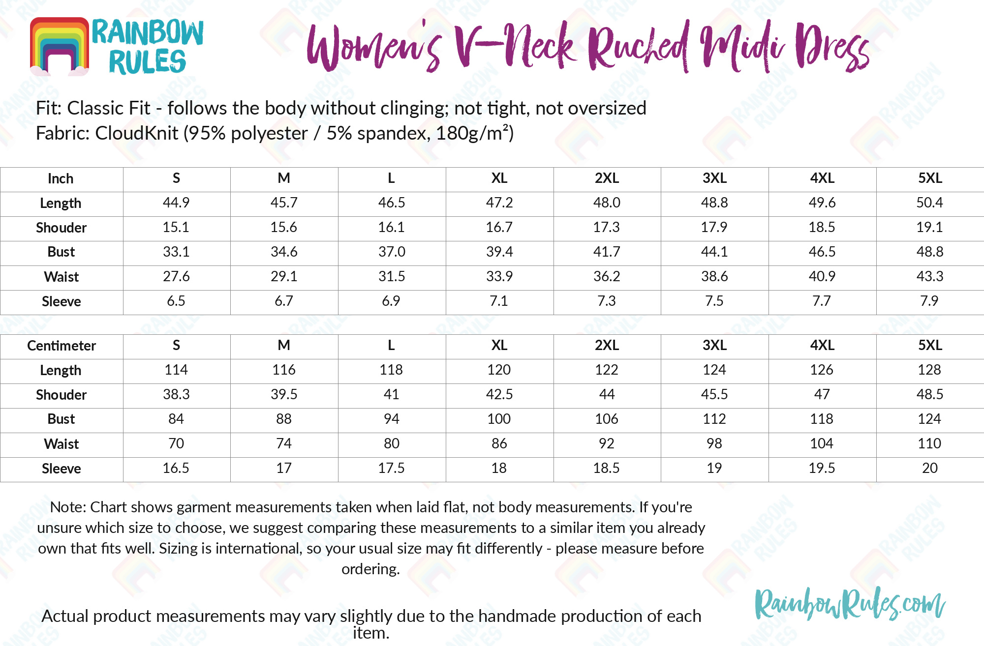 Women's V-Neck Ruched Midi Dress size chart
