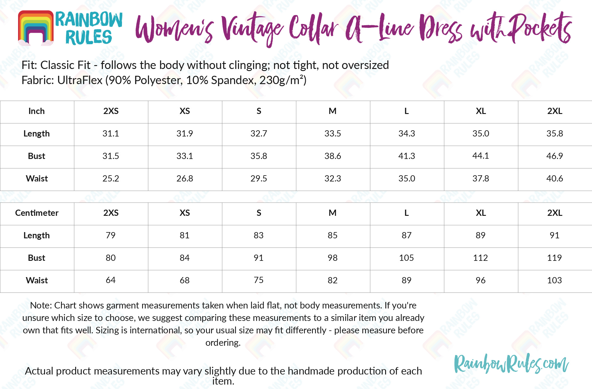 Women’s Vintage Collar A-Line Dress with Pockets size chart