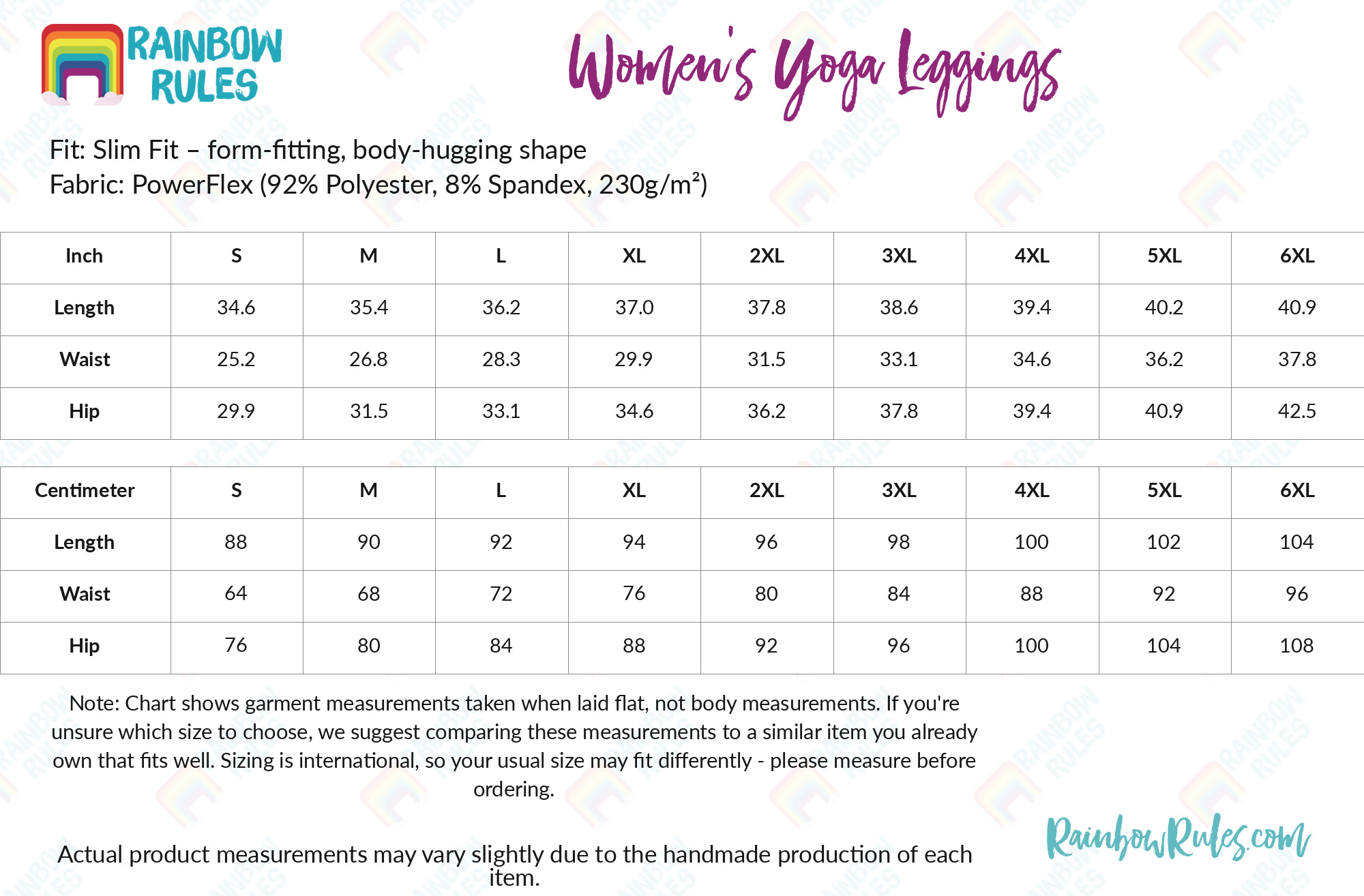 Women's Yoga Leggings size chart